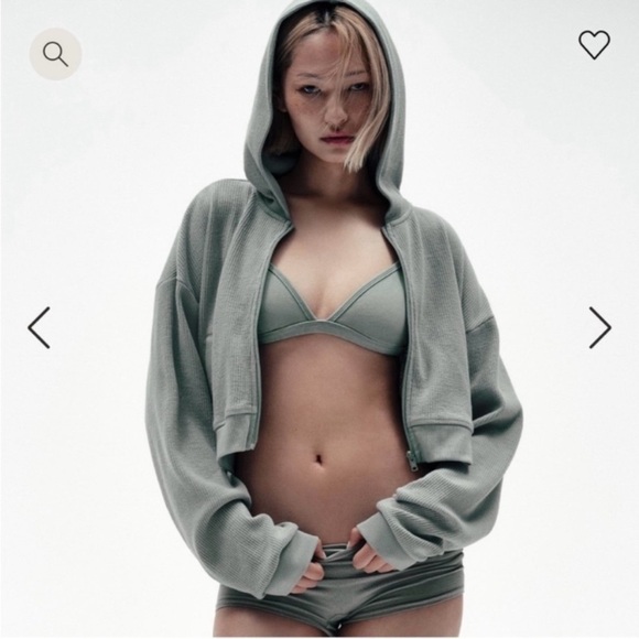 Skims Mineral Sage Green Waffle Zip Up Cropped Hoodie size XS - Picture 2 of 11